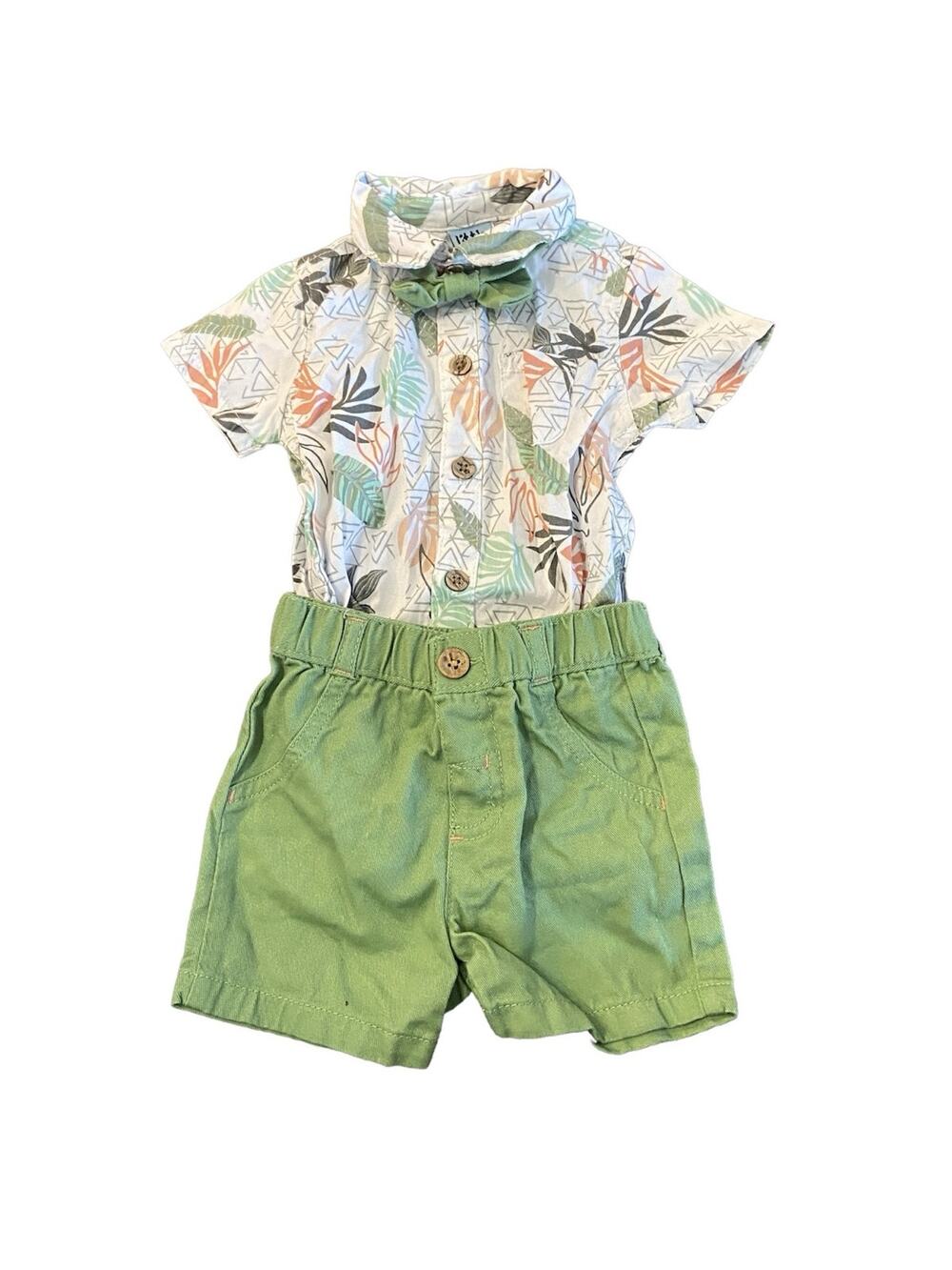 Little Lad Baby Boy Size 3-6 Months White Green Leaf Print 3-Piece Short Set